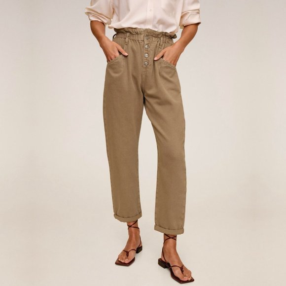 Mango Denim - MANGO Paperbag Button Fly High-Waisted Cropped Fit Straight Leg Jeans in Brown